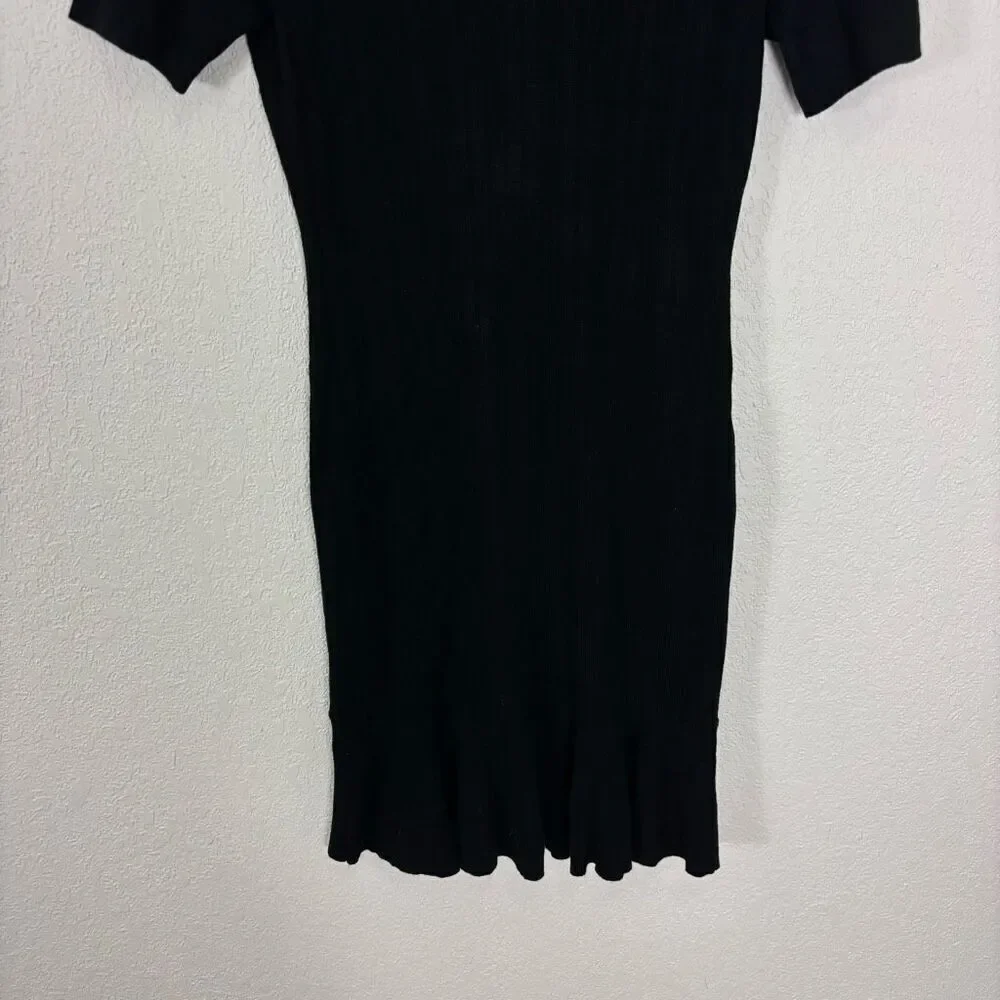 NWT J.‎ Crew Black Ribbed Knit Short Sleeve Ruffle Hem Knee Length Dress Size M